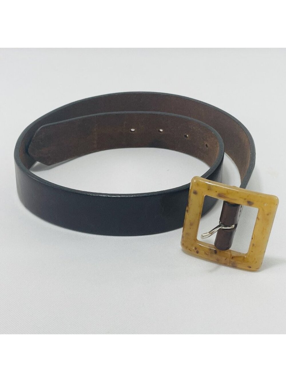Limited Leather Belt Buckle Women Size S  Workwear Brown Amber Square Big Retro